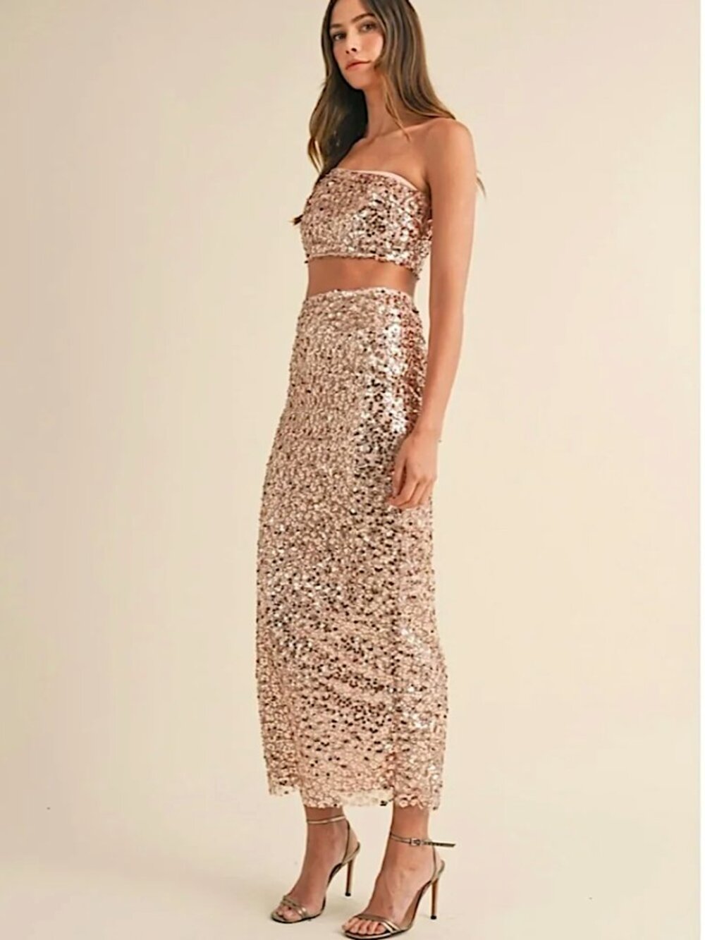 MABLE Ursina Floral Beaded Sequin Back Slit Midi Skirt Rose Gold